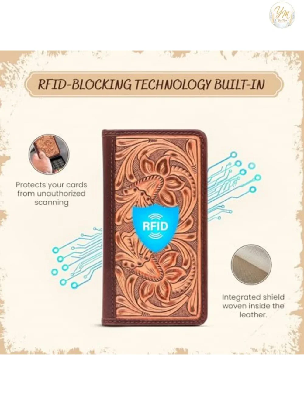 Full-Grain Buffalo Leather Floral Tooled Long Bifold RFID Wallet